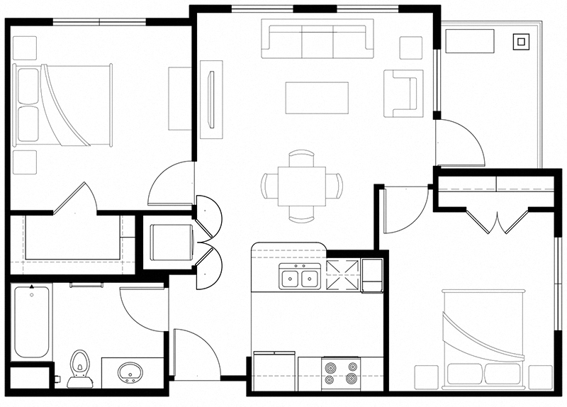 Floor plan for 2 beds, 1 bath, 753 sqft